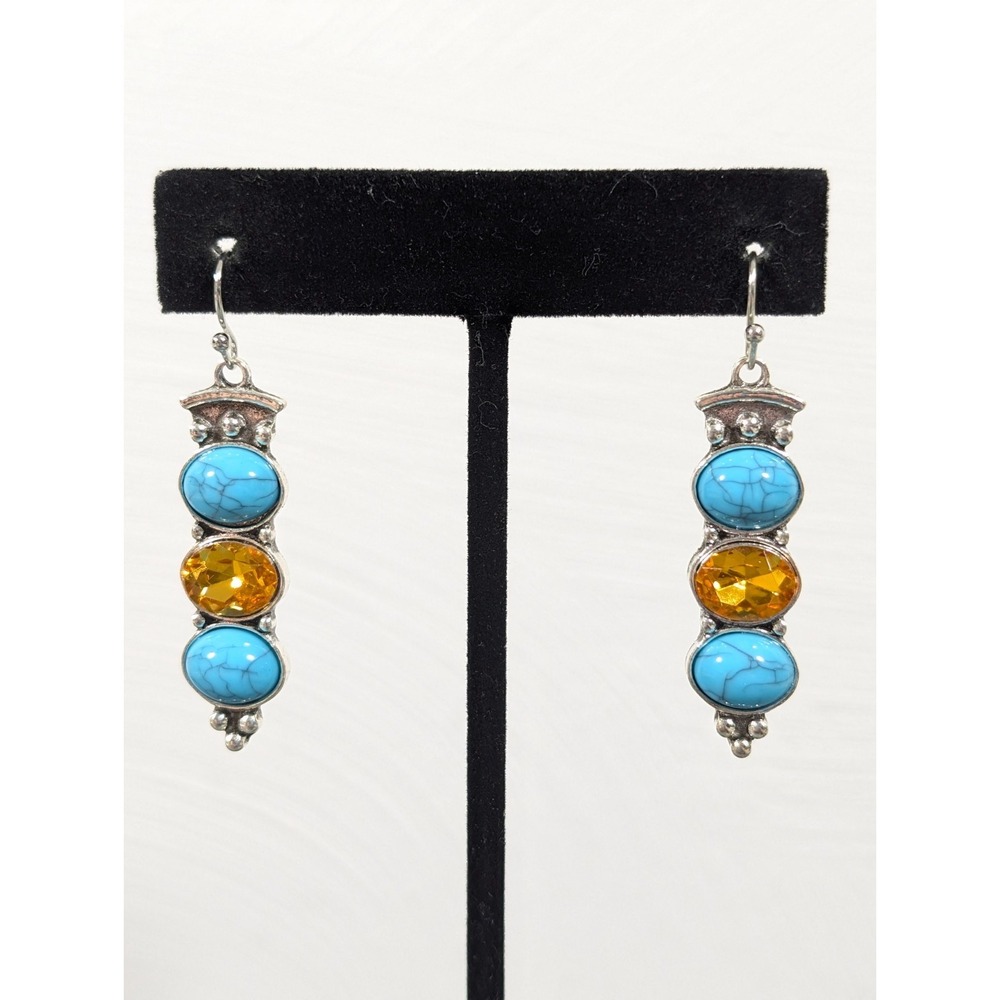 Southwest Dangle Earrings Faux‎ Turquoise Yellow  CZ Boho Beaded Silver